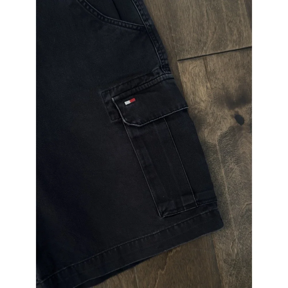 Vintage Tommy Hilfiger Mens Navy Blue Cargo Pocket Flag Logo Shorts Size 31W Y2K